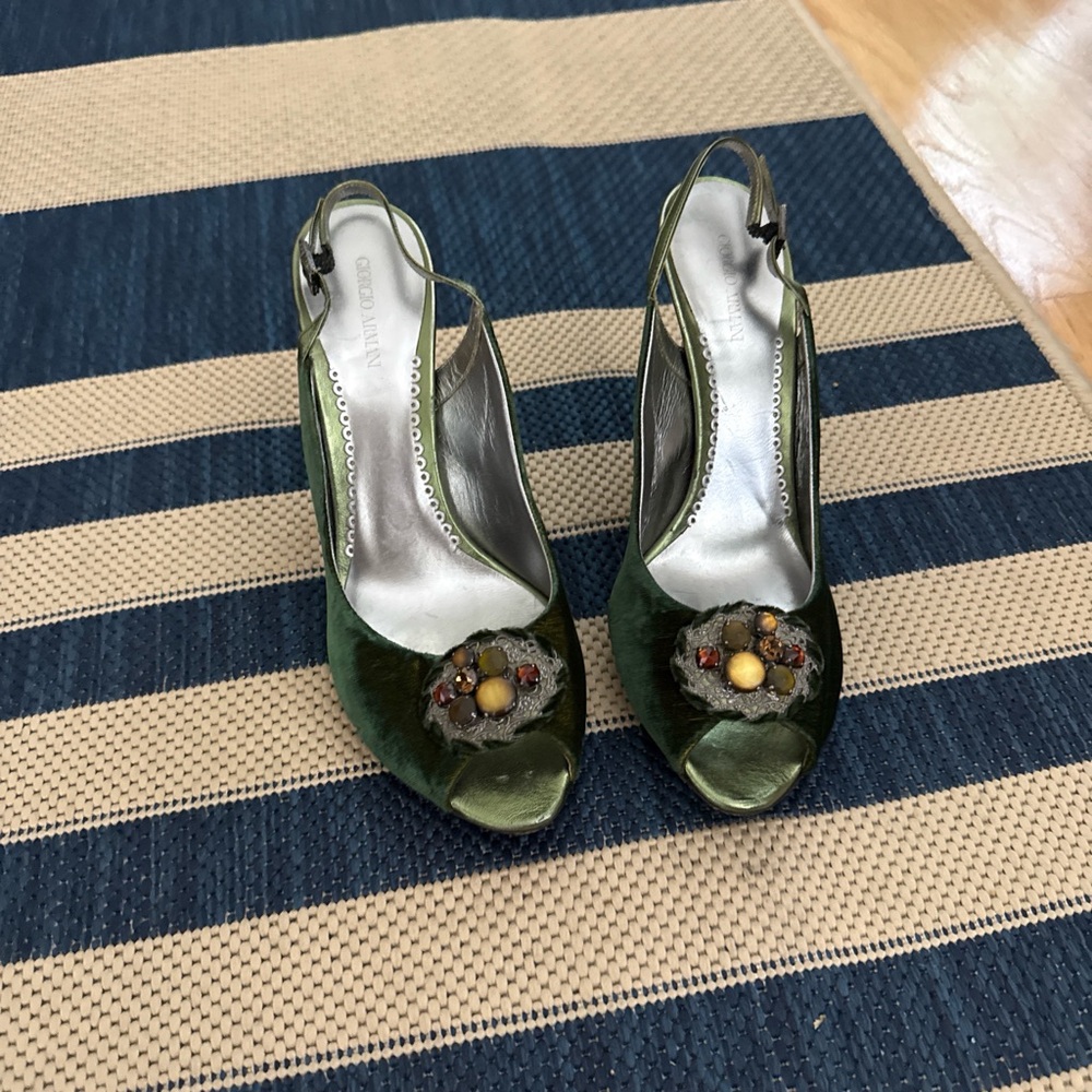 Armani Green Velvet Slingback Peep-Toe Heels with Decorative Jewel Accent